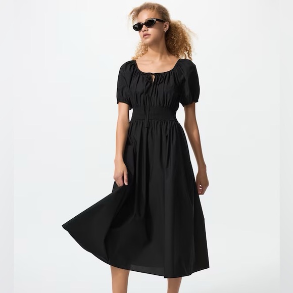 Uniqlo Volume Sleeve Cotton Blend Midi Dress Black - Picture 1 of 6